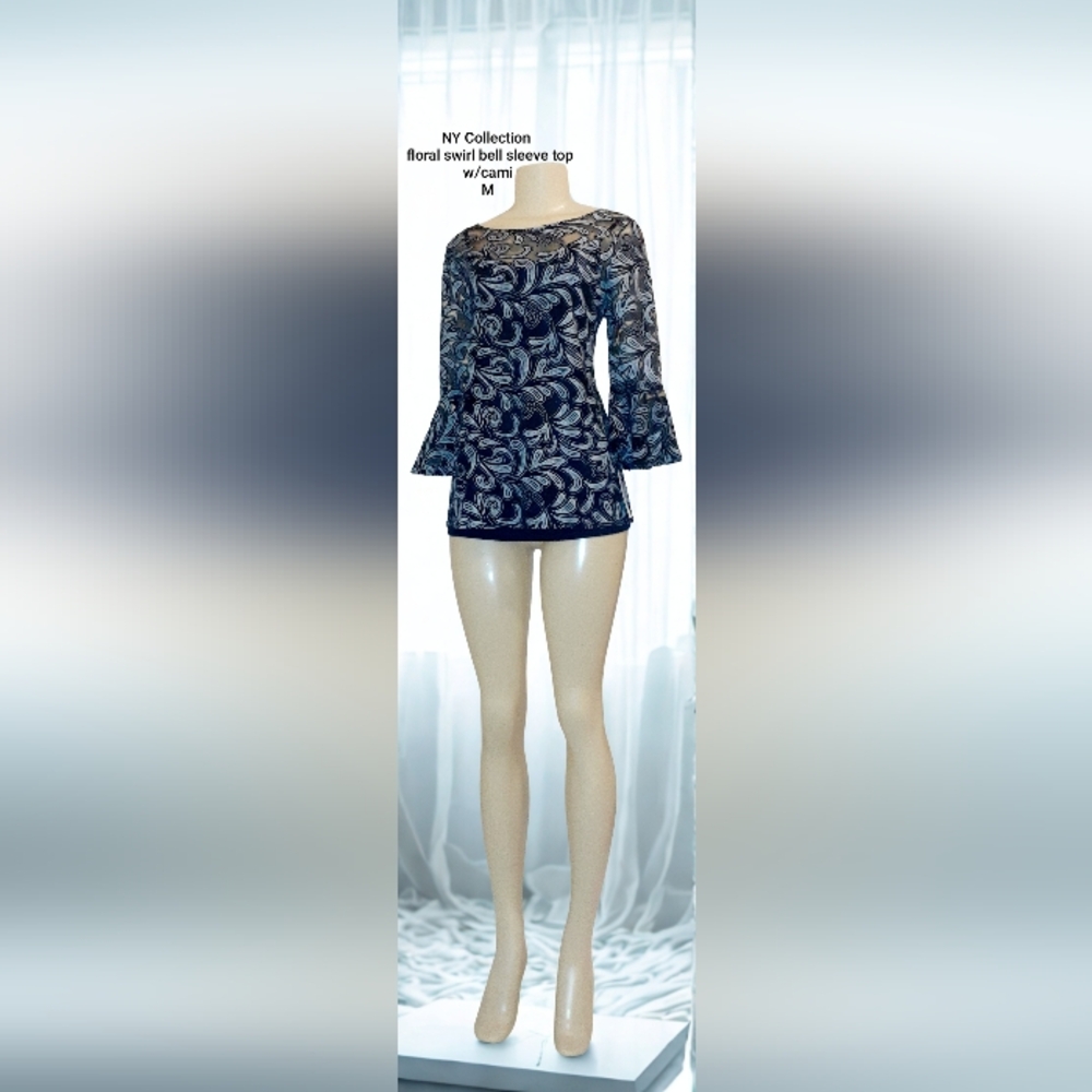 NY Collection Bell Sleeve Sheer Top Black & White Swirl Print M